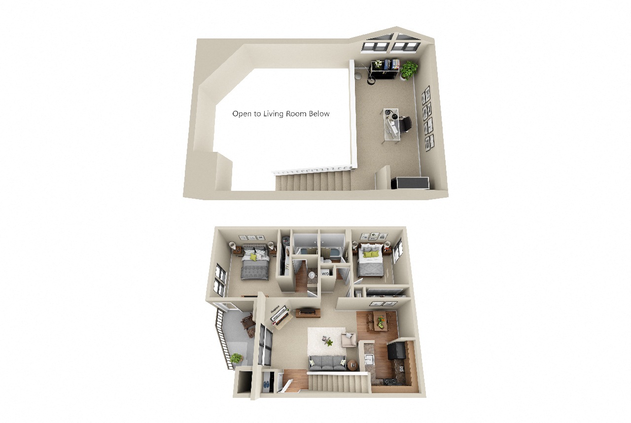 Floor plan for 2 beds, 2 baths, 1037 sqft